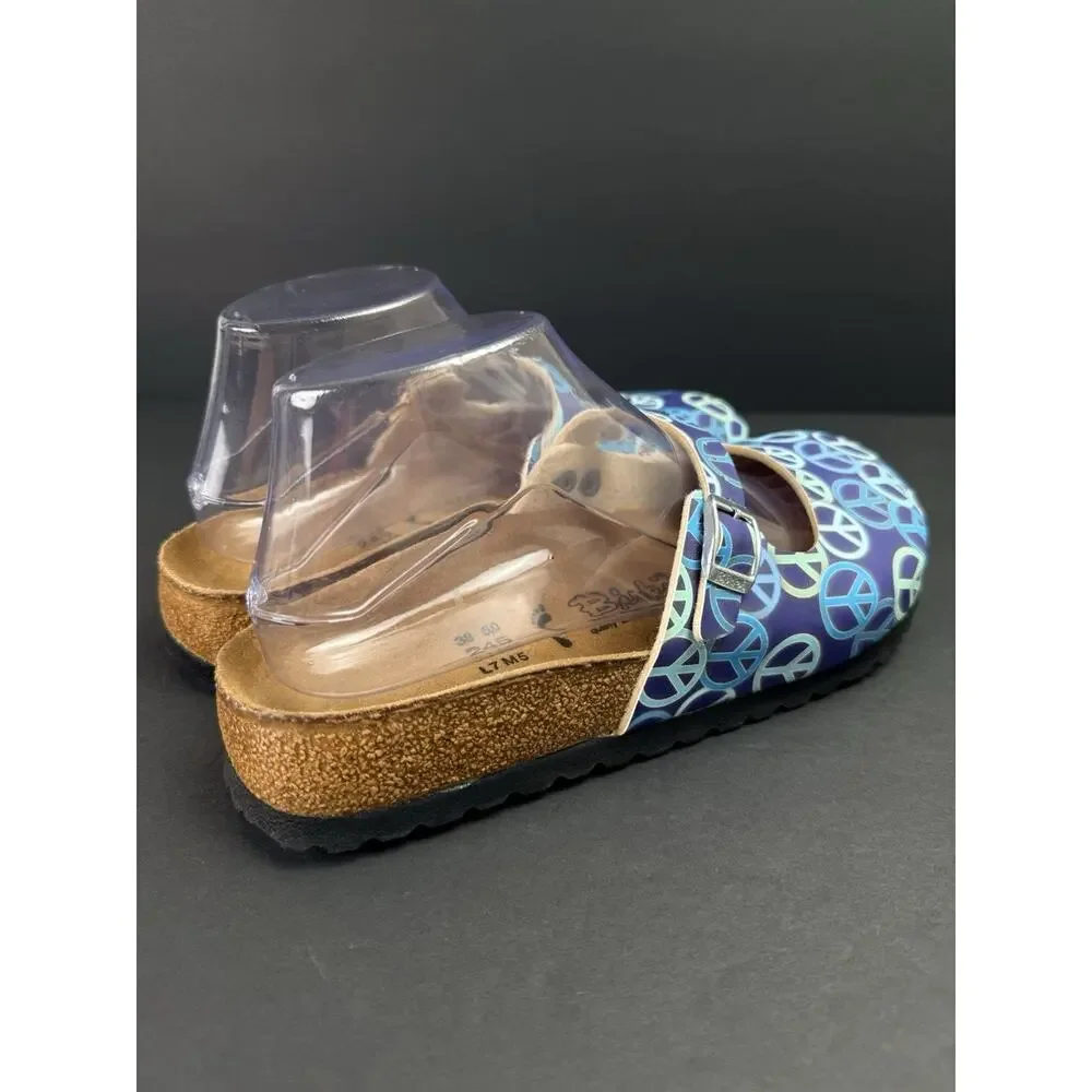 Birki’s by Birkenstock Peace Sign Mary Jane Clogs Blue EU 38 US 7 Mules